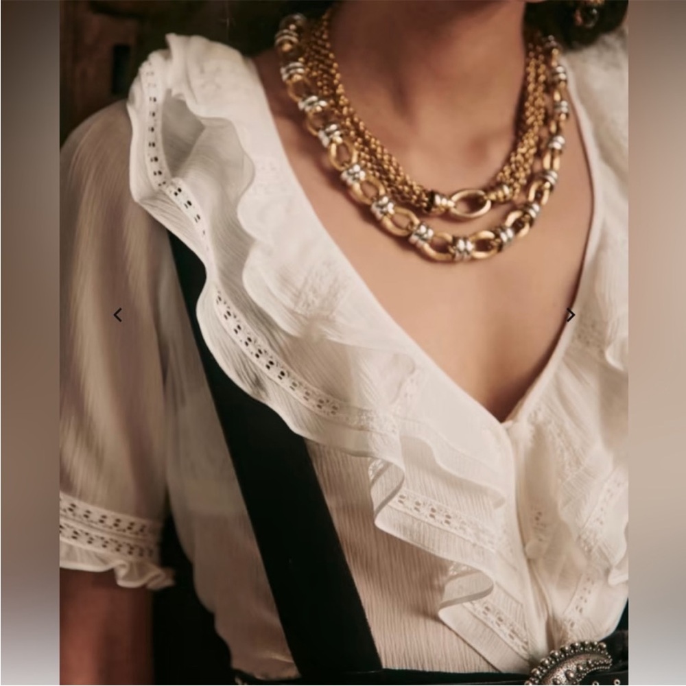 Sézane Alyna Shirt Sheer White Silk Blouse Lace and Short Sleeve Size EU 36 US 4
